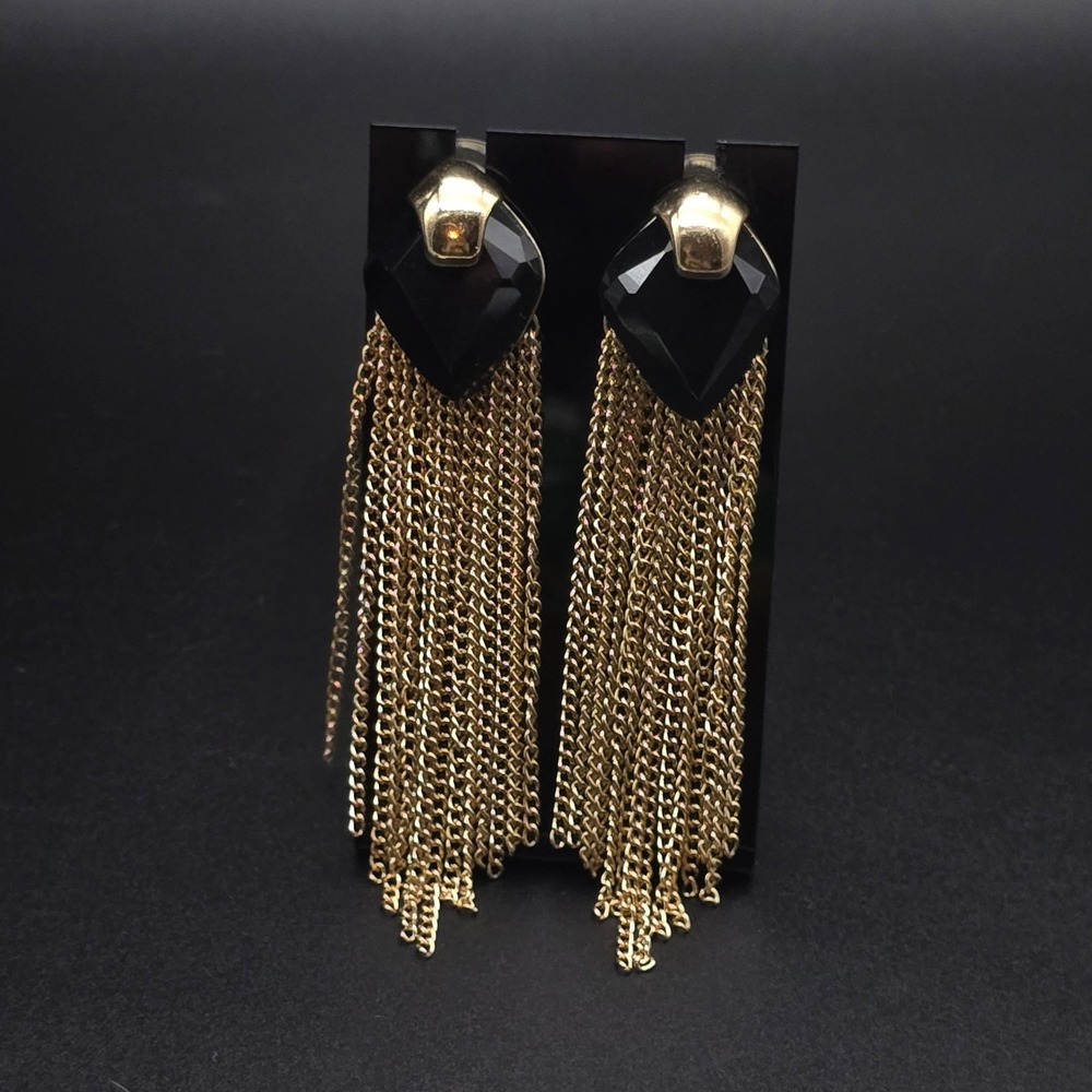 Black Gold Tone Chain Tassel Earrings Pierced Contemporary